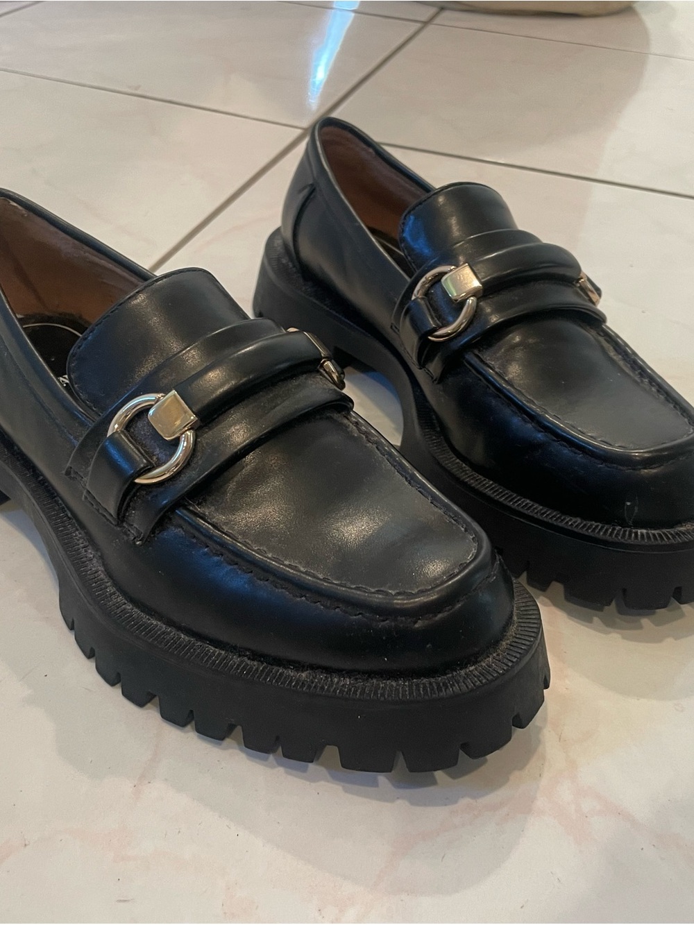 Zara Black Chunky Loafers with Gold Hardware